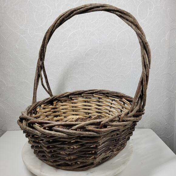 Vintage Handmade Oval Stick Basket 16" Large Rustic Garden Easter Basket Decor - Picture 1 of 10
